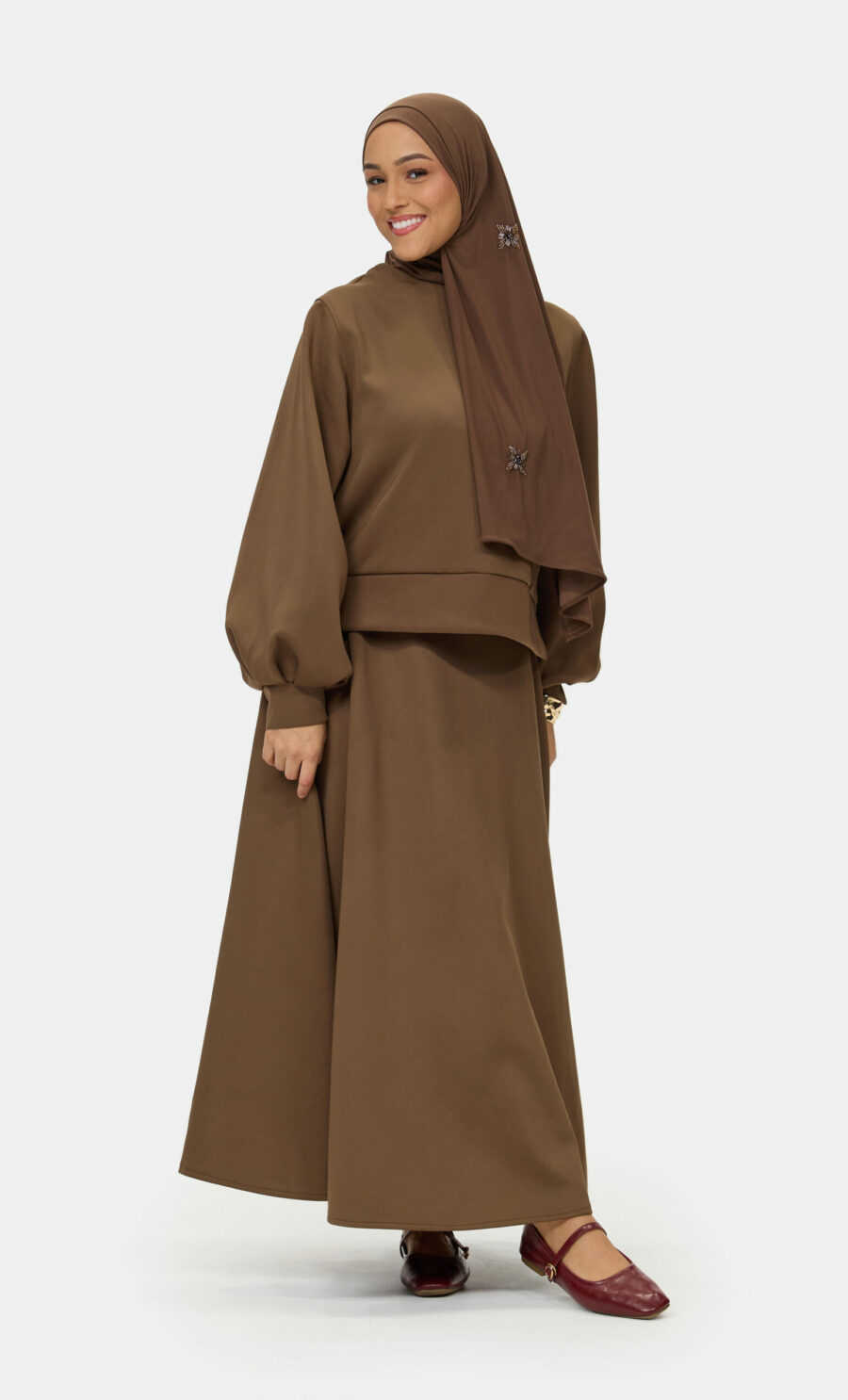 BALLOON SLEEVE SWEATER SET - BROWN, L