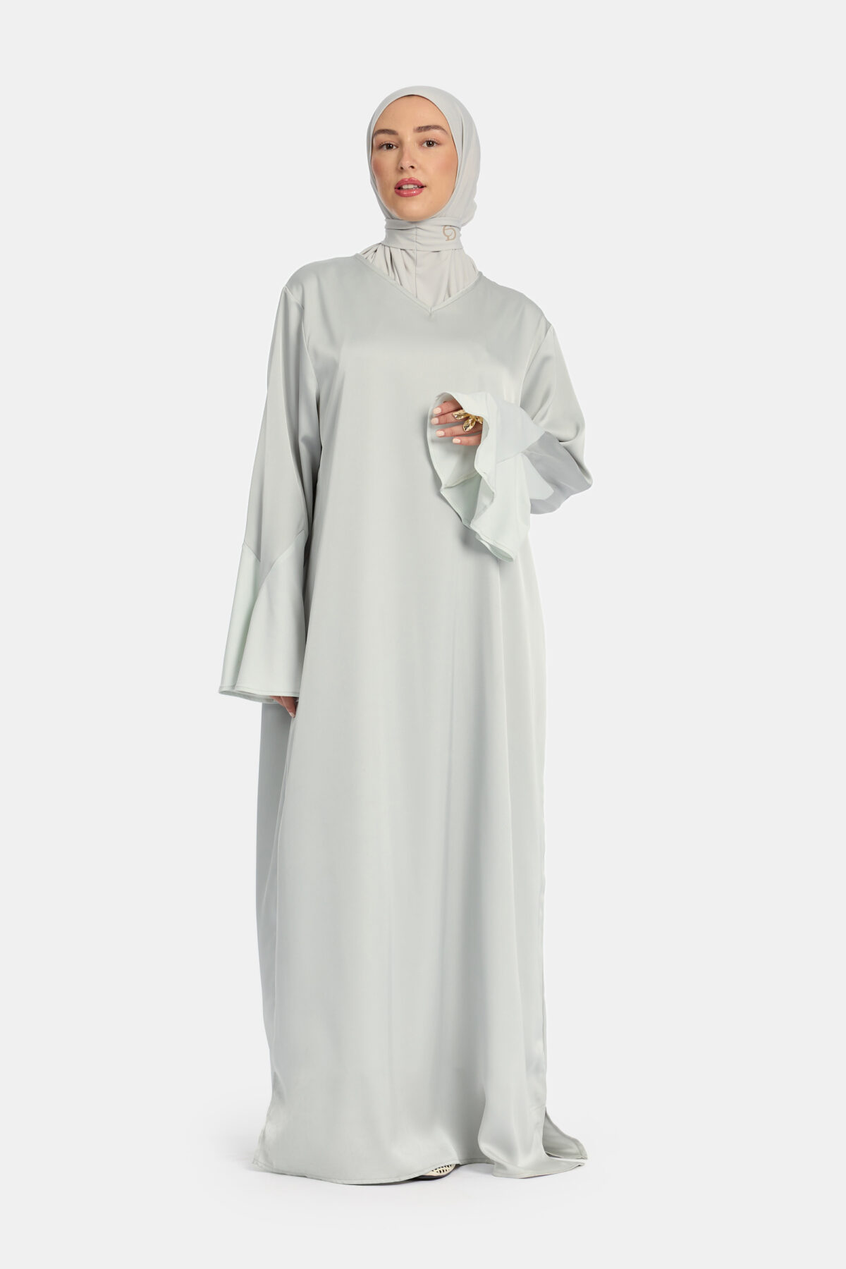 SATIN JERSEY SLEEVE DRESS