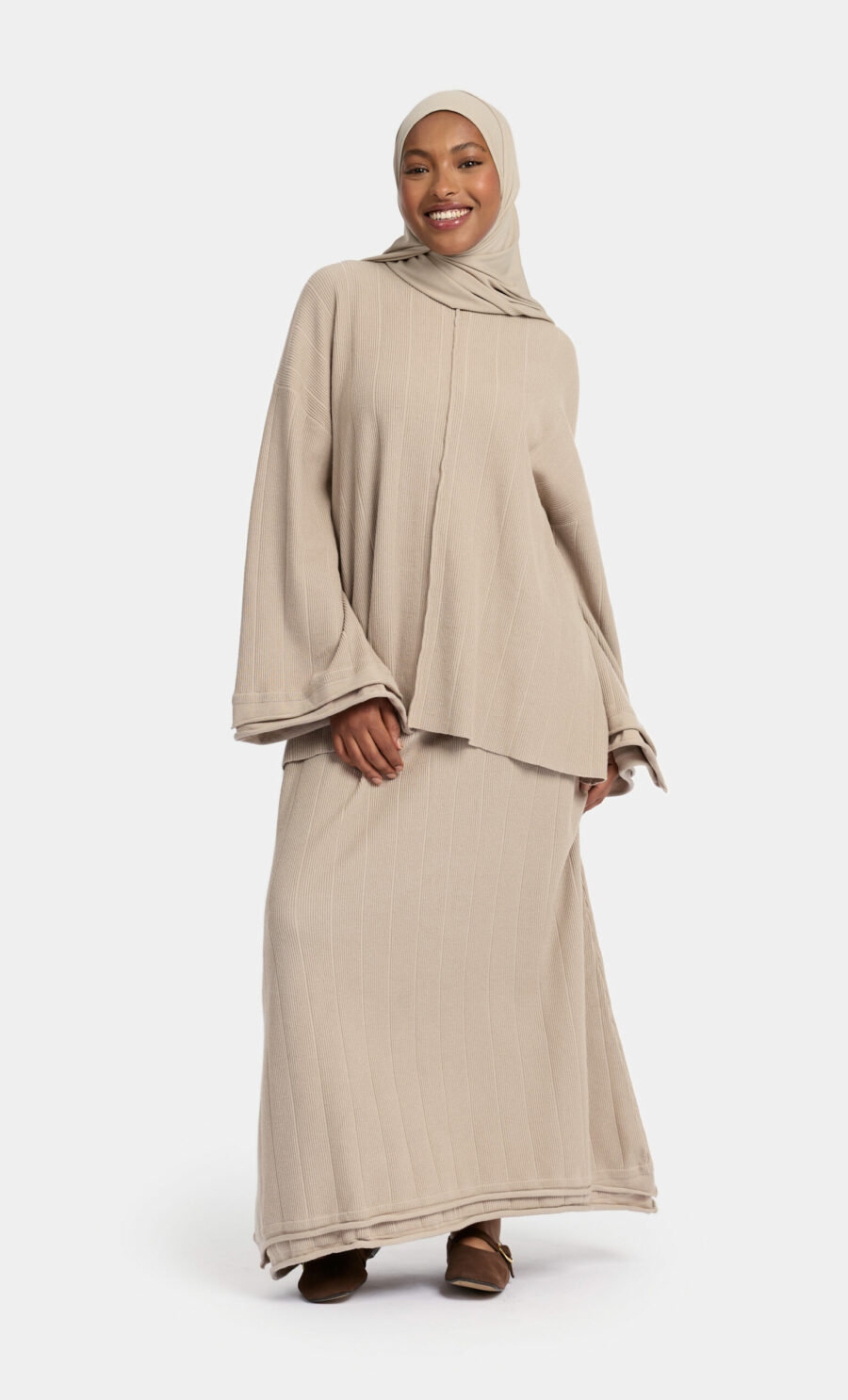 RUFFLE KNIT SKIRT SET - BEIGE, S