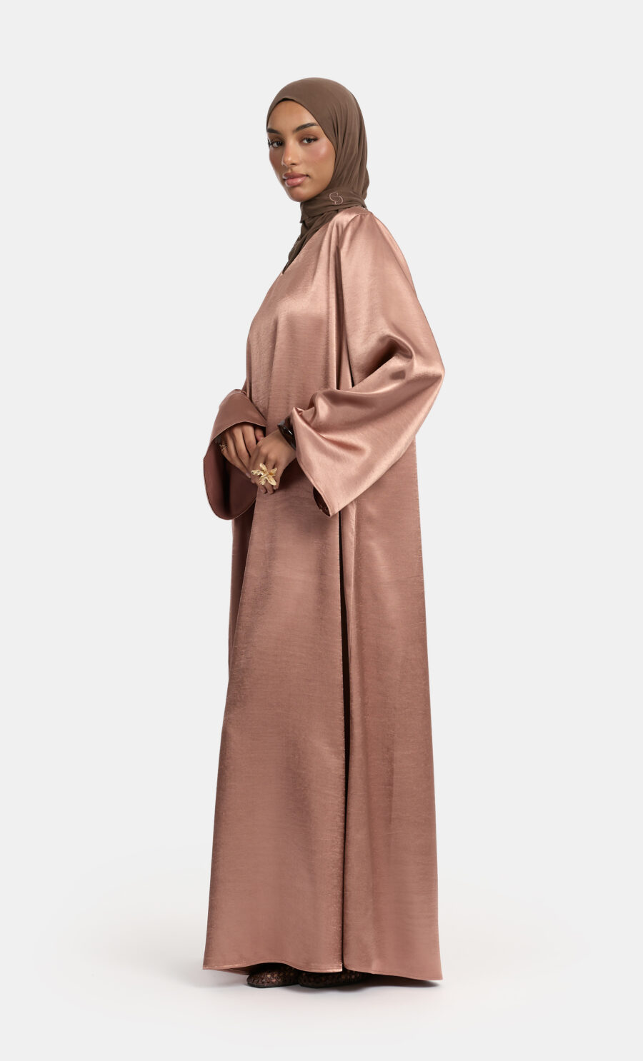 SATIN WIDE SLEEVE DRESS - WARM TAUPE, S
