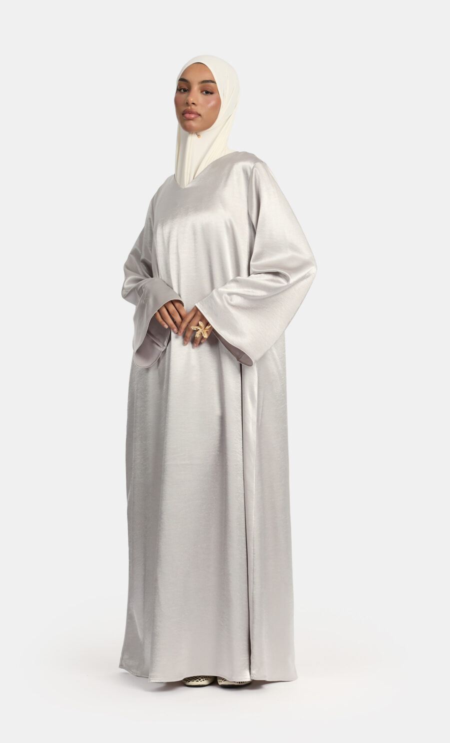 SATIN WIDE SLEEVE DRESS - STONE TAUPE, S