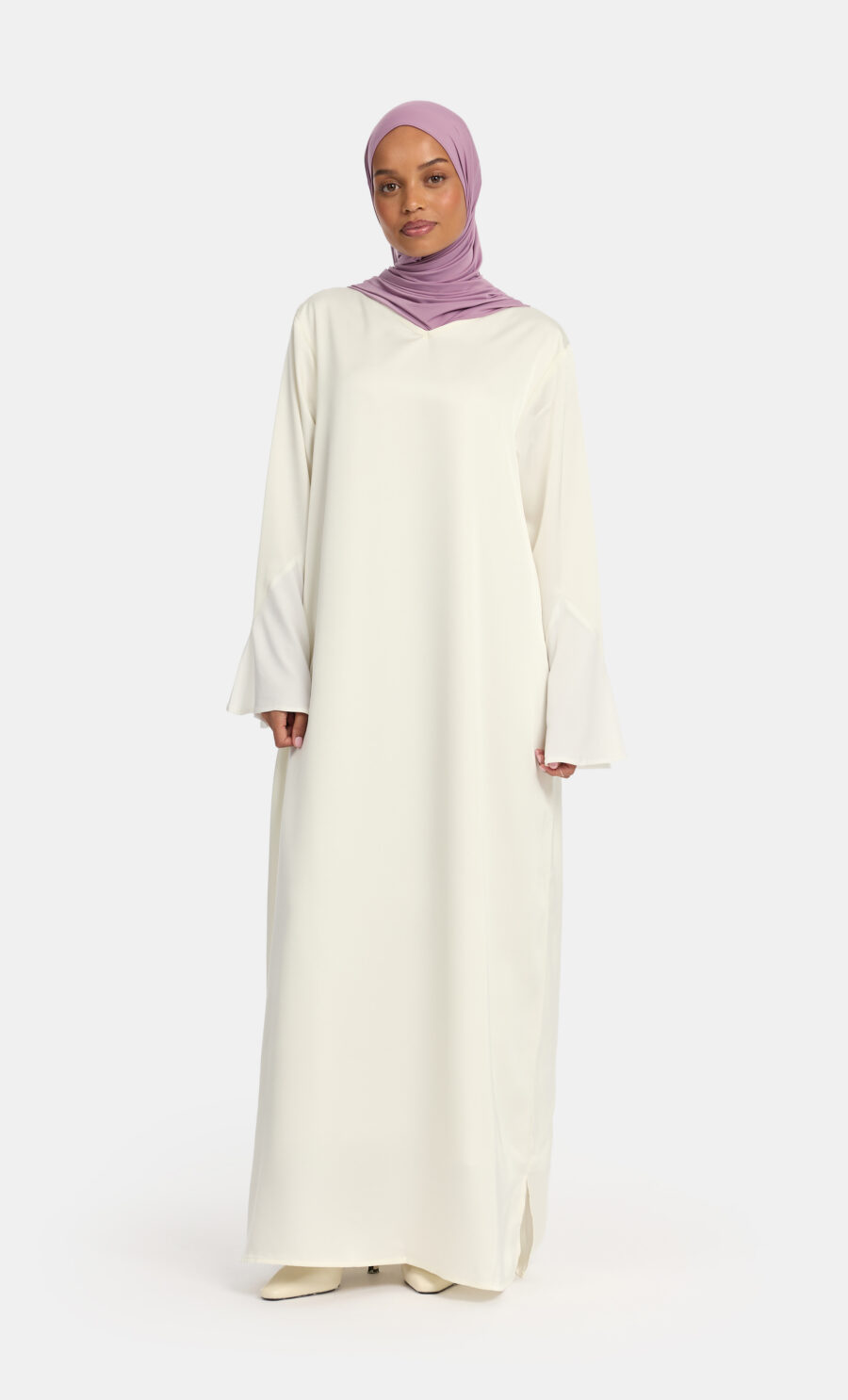 SATIN JERSEY SLEEVE DRESS - CREAM, S