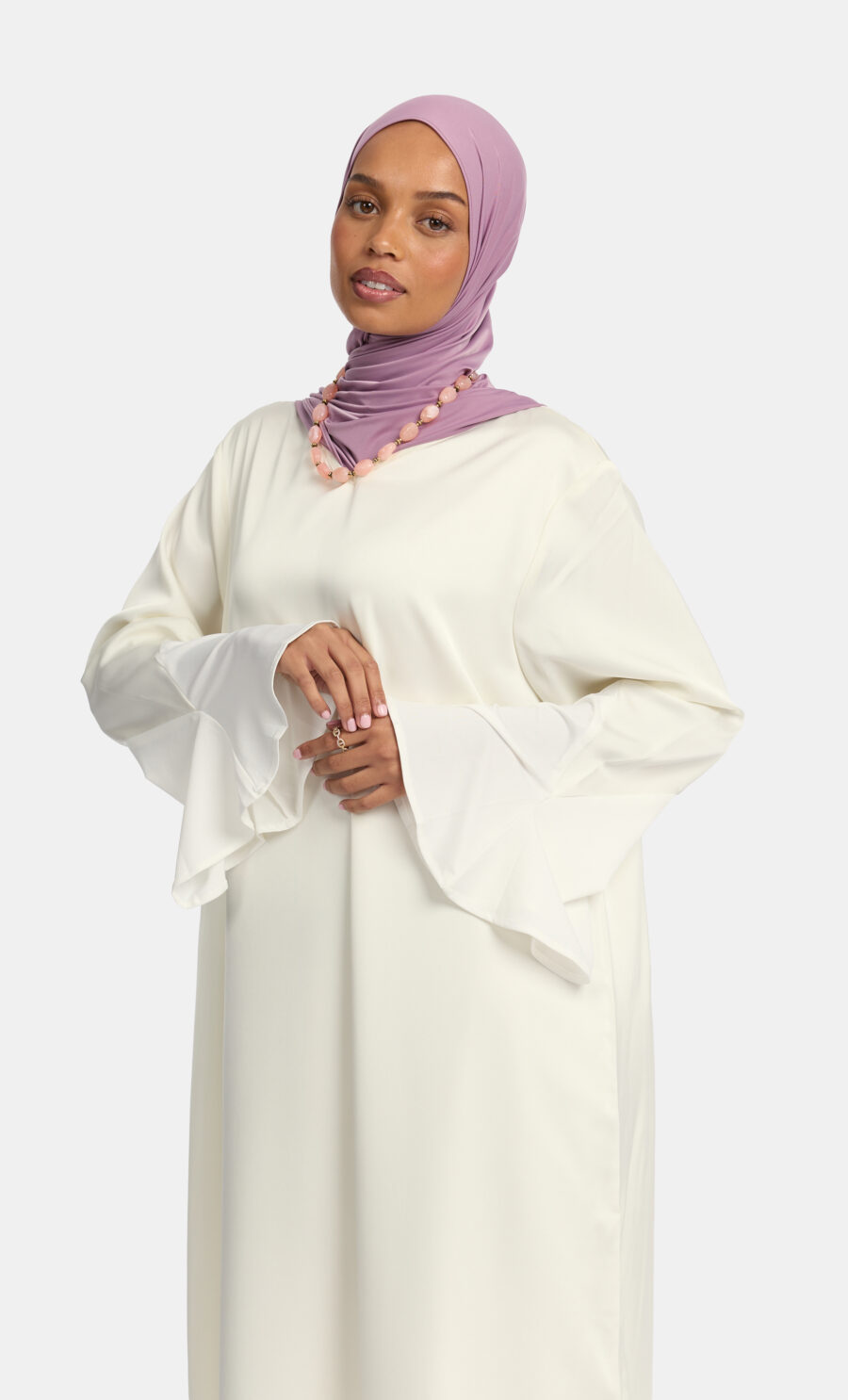 SATIN JERSEY SLEEVE DRESS - CREAM, S