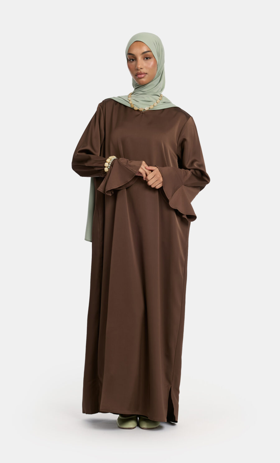SATIN JERSEY SLEEVE DRESS
