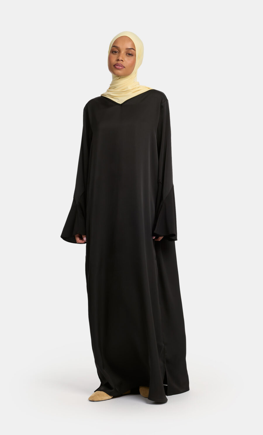 SATIN JERSEY SLEEVE DRESS - BLACK, S