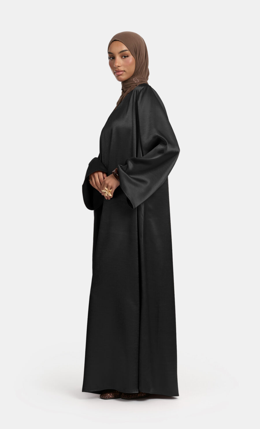SATIN WIDE SLEEVE DRESS - BLACK, S