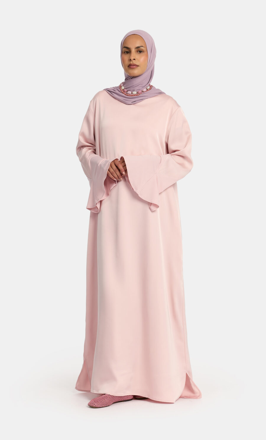 SATIN JERSEY SLEEVE DRESS - PASTEL PINK, S