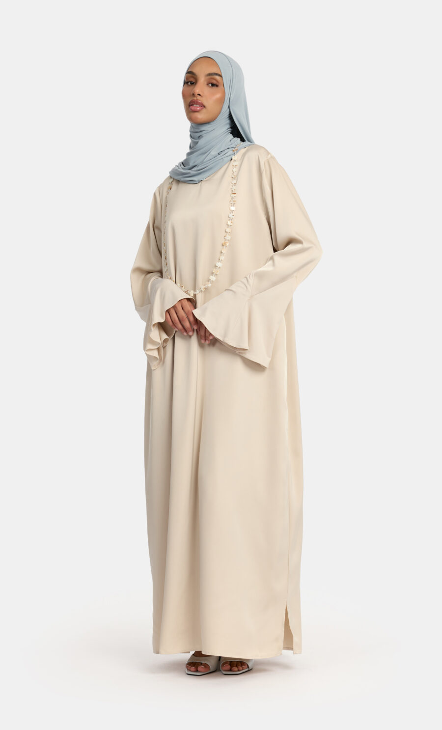 SATIN JERSEY SLEEVE DRESS - SOFT TRUFFEL, S